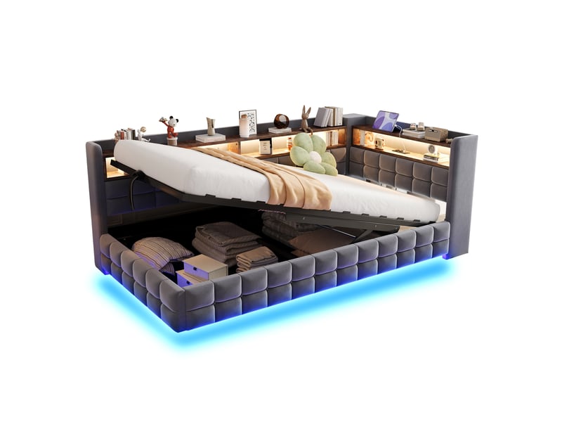  Lit banquette enfant 90x200 cm, lit avec rangement, éclairage led, gain de place, prises usb, finition velours gris foncé, sans matelas  - Conforama A