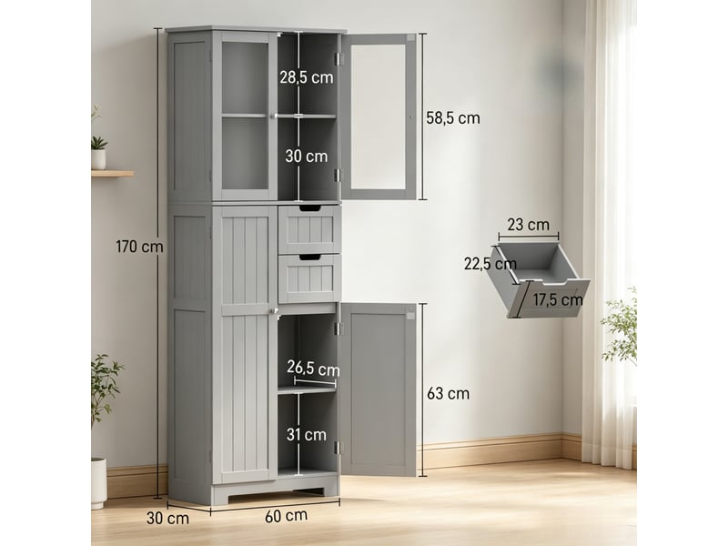 Colonne salle de bain sur pied, 4 portes dont 2 vitrées, 2 tiroirs, étagères réglables - Conforama C