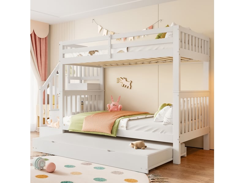  Lit superposé 90x200 cm avec lit gigogne et escalier à rangements en pin et mdf blanc  - Conforama D