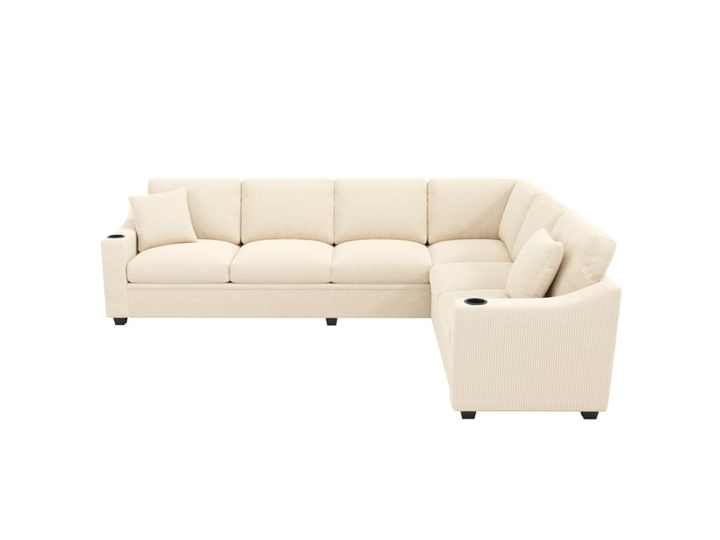  Canapé d'angle en l – 6 places – avec ports de charge rapide usbtype-c – inclut 2 porte-gobelets et 2 coussins – beige  - Conforama A