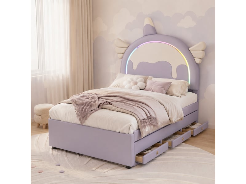 Lit enfant simple 90×200 cm, tête licorne, lit gigogne et tiroirs - okmyhome- en pu violet, sans matelas - Conforama B