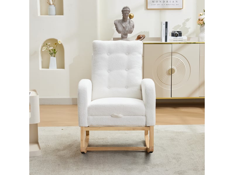  Fauteuil à bascule bouclette blanc avec repose-pieds et port usb, structure en bois massif, 66,5x121,5x102 cm  - Conforama E