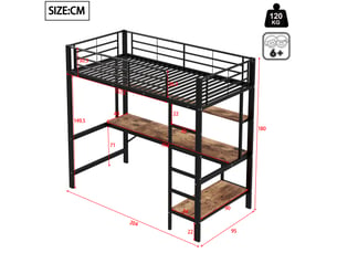 Lit mezzanine 90*200 cm, structure en métal, éclairage led, bureau, port usb, échelle, barrière, sans matelas, noir