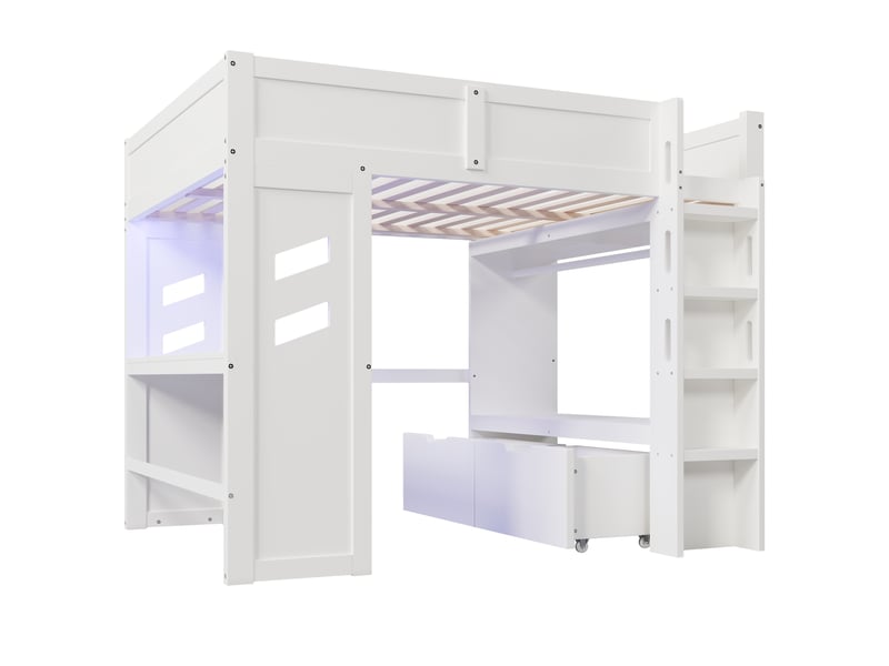  Lit mezzanine gaming 140x200cm avec bureau, led, usb et type-c, échelle, tiroir, sans matelas, blanc, structure pin  - Conforama A