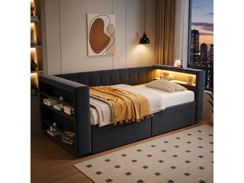  Lit banquette 90x190 cm avec led, prise et rangements, gris foncé  - Conforama D
