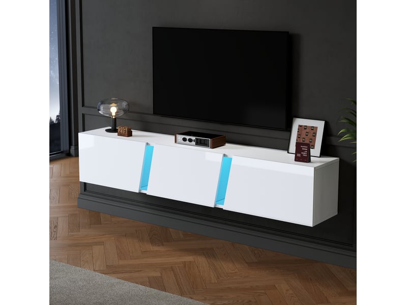  Meuble tv mural suspendu blanc led – 180 x 35 x 30 cm – 3 portes – jusqu’à 75 pouces  - Conforama B