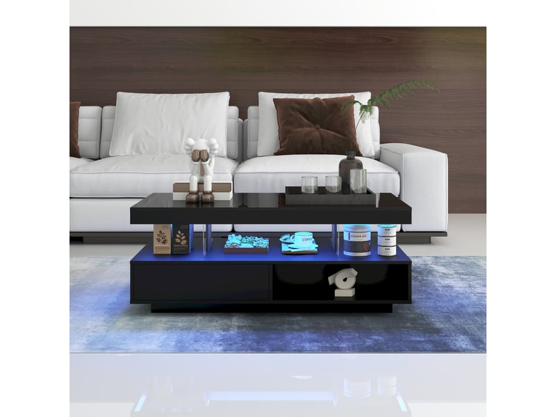  Table basse avec éclairage led 95x50x42,5 cm panneau de particules et verre table basse noire brillante  - Conforama E