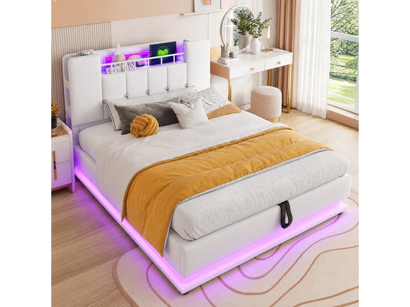  Lit enfant 90x200 cm rangement hydraulique, éclairage led et port usb en velours beige  - Conforama C