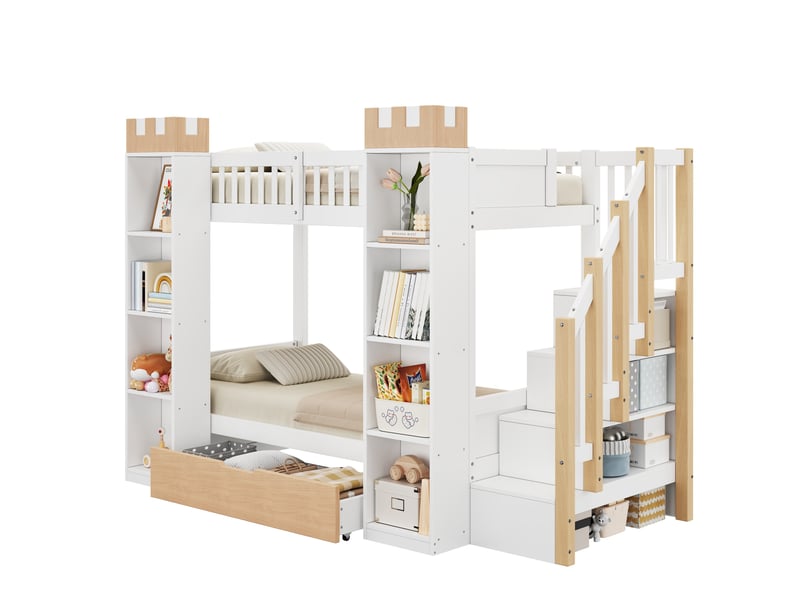  Lit superposé enfant château avec escalier de rangement 90x200 evryae  - Conforama A
