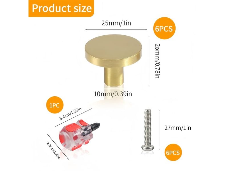 Ensemble de 6 boutons ronds dorés en acier inoxydable de 20x25 mm, poignées à un trou pour cuisine et meubles avec tournevis - Conforama E