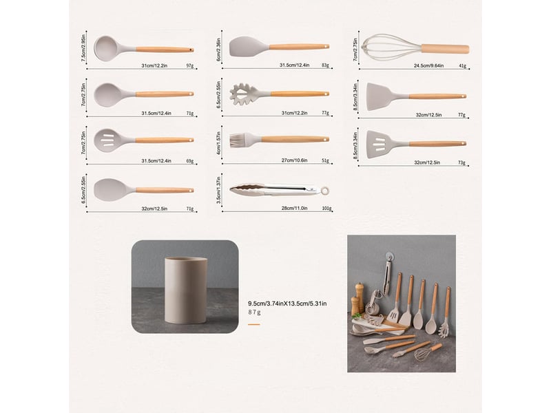  Set de 12 ustensiles de cuisine en silicone et bois kaki avec support chicfurn  - Conforama C