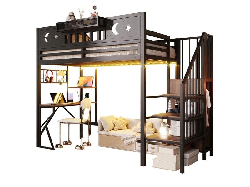  Lit mezzanine en métal led usb 90x200 cm, bureau, lit 1 place avec escalier rangement, lit enfantado, panneau perforé, gain de place, noir Seren Glow - Conforama A
