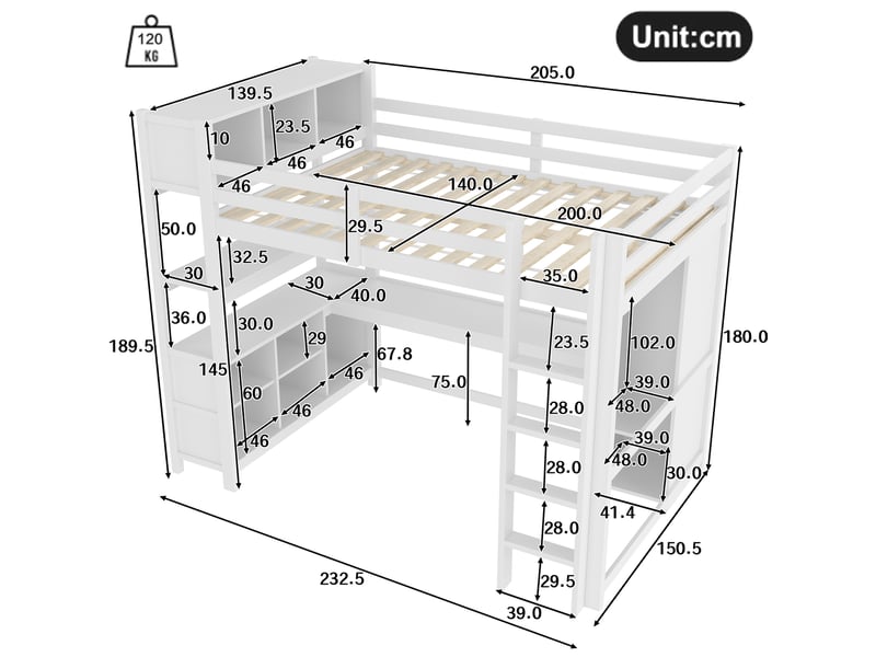  Lit mezzanine enfant 140x200 cm avec bureau, rangements et penderie blanc  - Conforama C