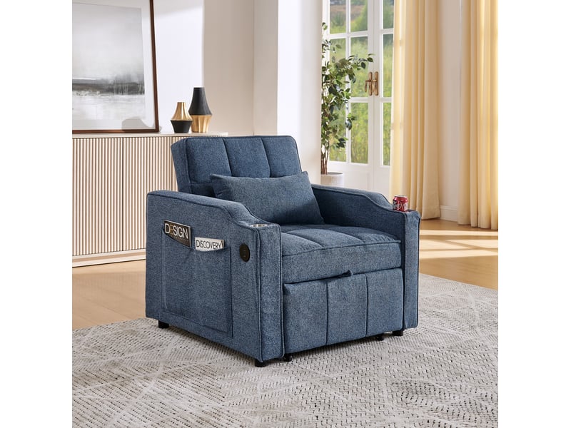  Fauteuil convertible modenvie 190 cm avec usb et usb-c, porte-gobelet en acier inoxydable, dossier 3 positions, bleu marine  - Conforama B