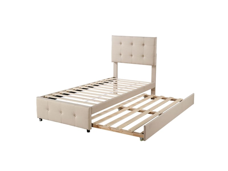  Lit gigogne 90x200 cm tête de lit réglable - lit simple - tissu lin respirant, design classique élégant pour enfant invité beige  - Conforama A