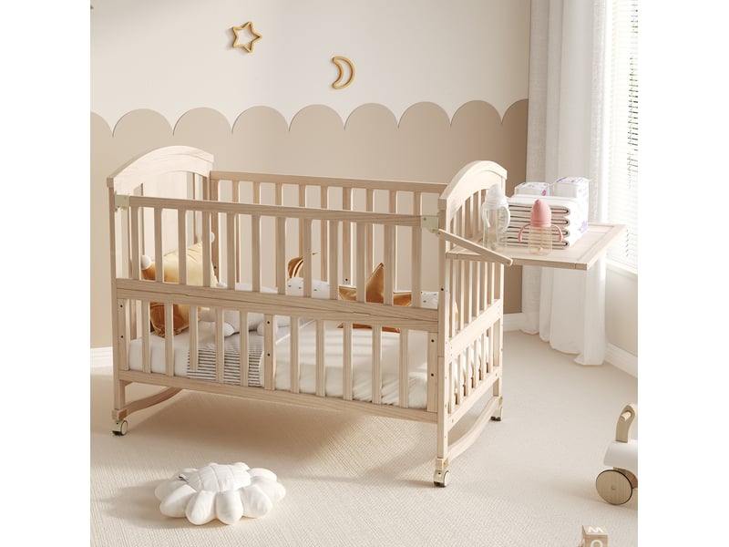  Lit bébé évolutif 60x120-162 cm, table à langer, roulettes freinées, bois naturel, sans matelas  - Conforama B