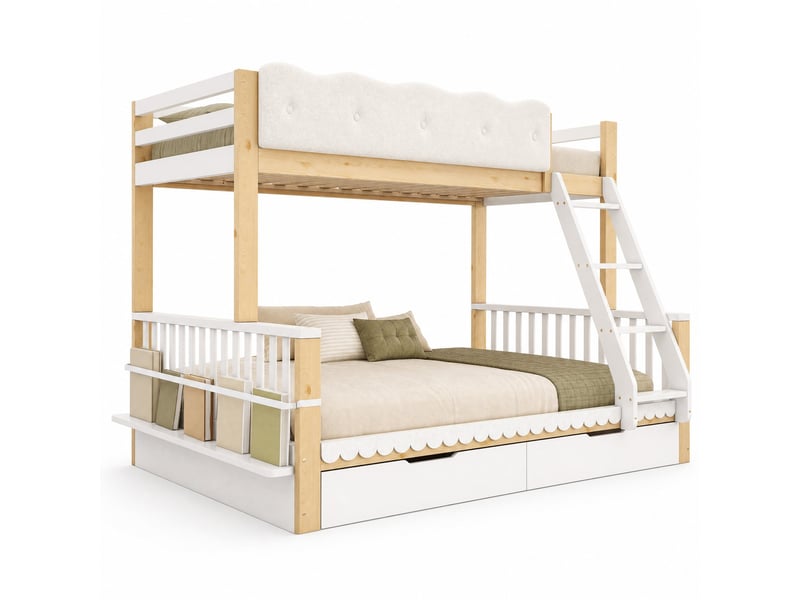  Lit superposé enfant 90x200 et 140x200 cm blanc et chêne en bois, 2 tiroirs et porte-revues latéral  - Conforama A