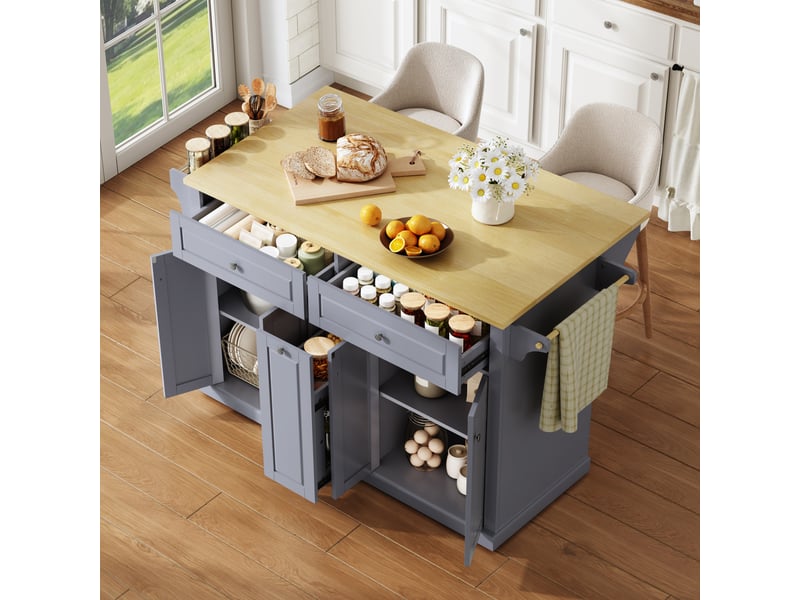  Îlot de cuisine mobile avec plan de travail pliable, chariot de rangement en mdf avec tiroirs et roulettes, 121x69x89cm, naturel et gris  - Conforama C