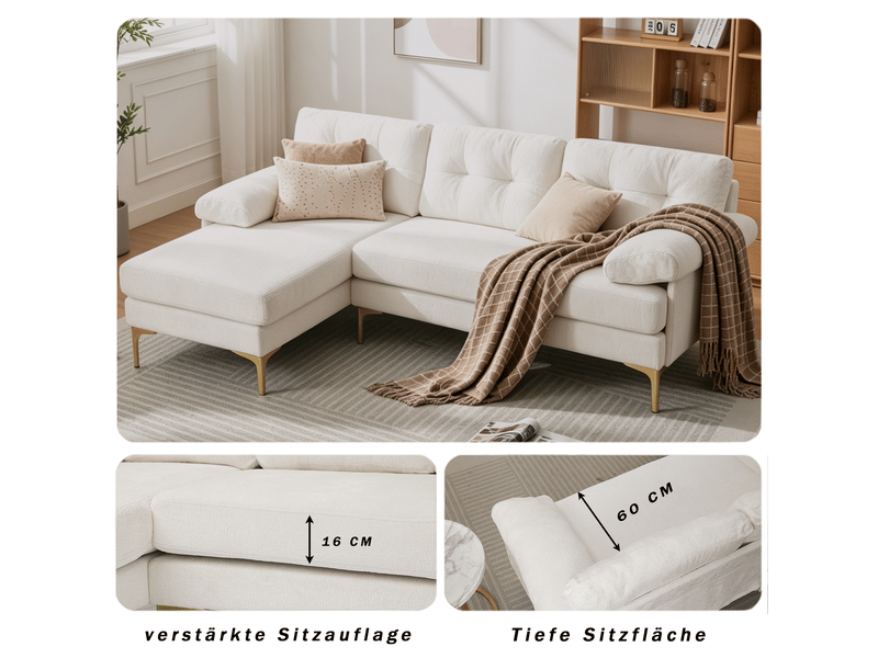  Canapé d'angle 3 places beige en tissu chenille avec accoudoirs rembourrés et pieds métalliques  - Conforama C