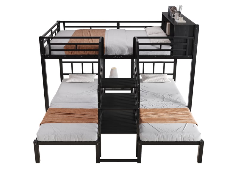  Lit superposé noir en fer 90x200 et 140x200 cm, 3 couchages avec escalier à mains courantes et rangement en hauteur  - Conforama A