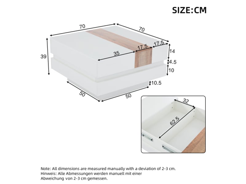 Table basse carrée 70x70x39 cm, plateau extensible, rangement caché et cloisons, blanc brillant + couleur primaire - Conforama C
