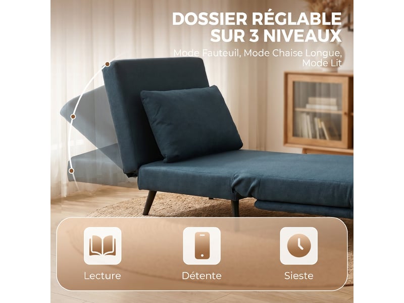  Fauteuil convertible 1 place en tissu aspect lin bleu 75x88x78 cm  - Conforama E