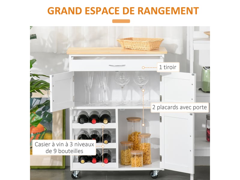 Desserte de cuisine multi rangements 2 placards tiroir casier 9 bouteilles mdf blanc plateau bois caoutchouc  - Conforama D