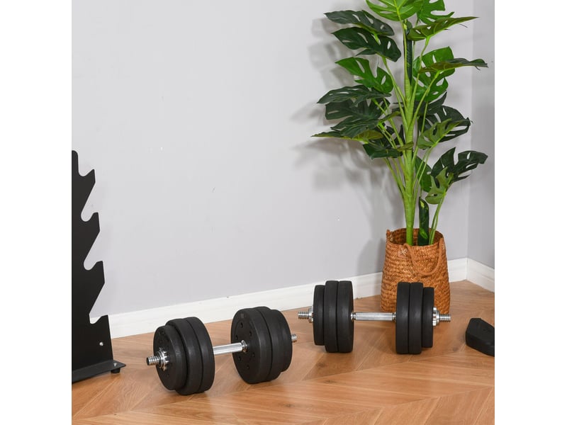 Set d'haltères 30 kg noir en acier et plastique, 12 disques et 2 barres de connexion pour musculation - Conforama D