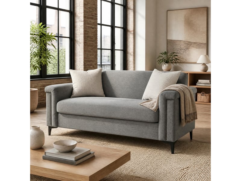  Canapé droit 2 places avec accoudoirs larges et clous décoratifs  - pieds en métal, tissu effet lin - gris clair  - Conforama B