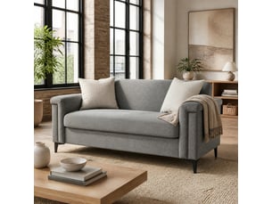 Canapé droit 2 places avec accoudoirs larges et clous décoratifs  - pieds en métal, tissu effet lin - gris clair