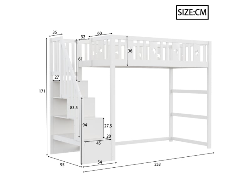 Lit mezzanine avec escalier 90x200 blanc en bois massif avec escalier, rampe sécurité et décoration étoile lune - Conforama C