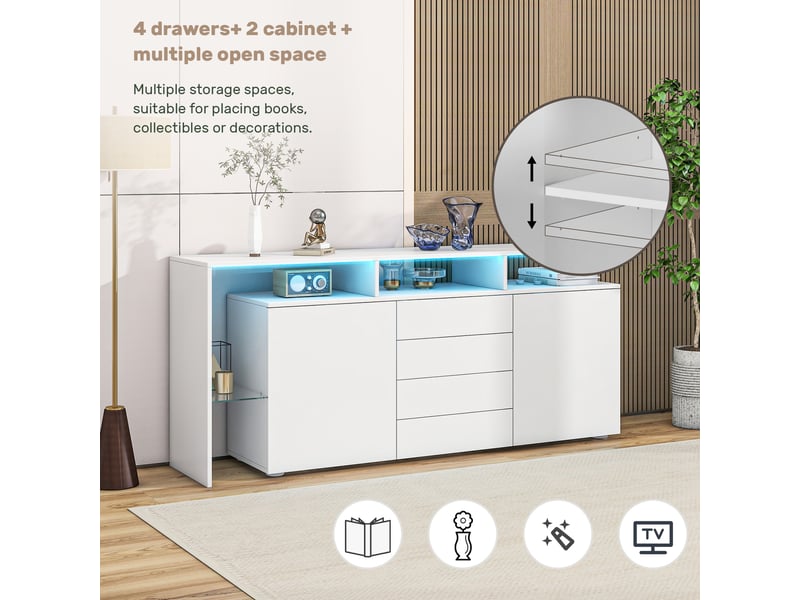 Buffet 2 portes, 4 tiroirs et niche led pour salon 160×35×70 cm en panneaux de particules blanc - Conforama C