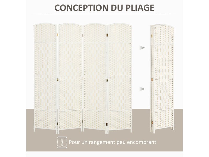 Paravent intérieur en bois 4 panneaux séparateur de pièce pliable pour salon chambre blanc 180 x 180 cm  - Conforama D