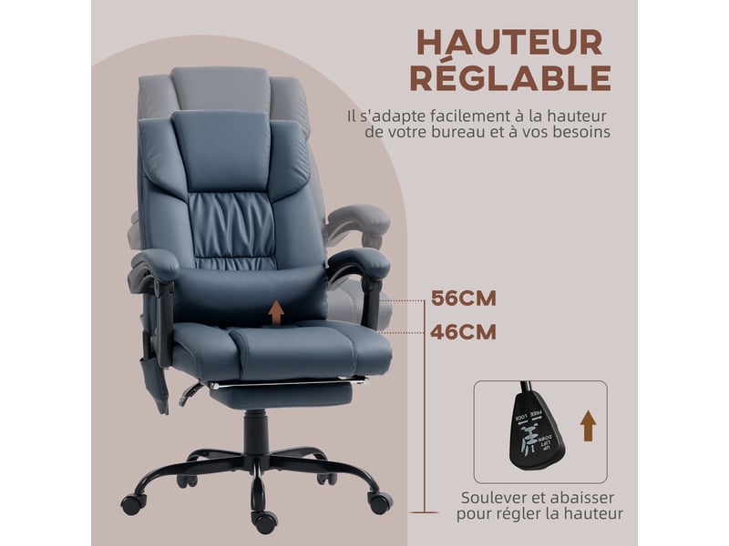  Fauteuil de bureau massant, repose-pied, hauteur réglable, dossier inclinable, télécommande filaire, 66x75x122cm, bleu  - Conforama E