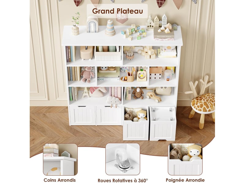 Meuble de rangement enfant bibliothèque enfant avec 8 étagères 4 tiroirs roulants rangement jouet 125.5x33x118cm blanc - Conforama E