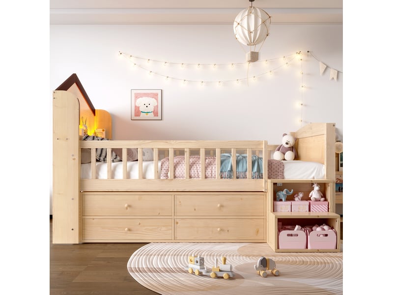  Lit enfant 90x200 cm avec éclairage led et rangements en pin coloris naturel  - Conforama B