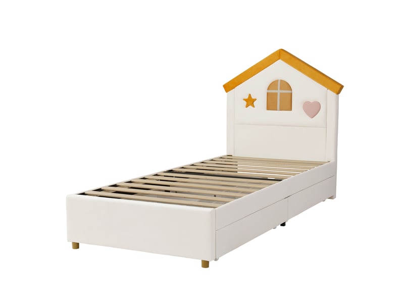  Lit 90 x 200 cm en velours avec 4 tiroirs - lit rembourré sommier à lattes et dossier - style enfant, beige  - Conforama A