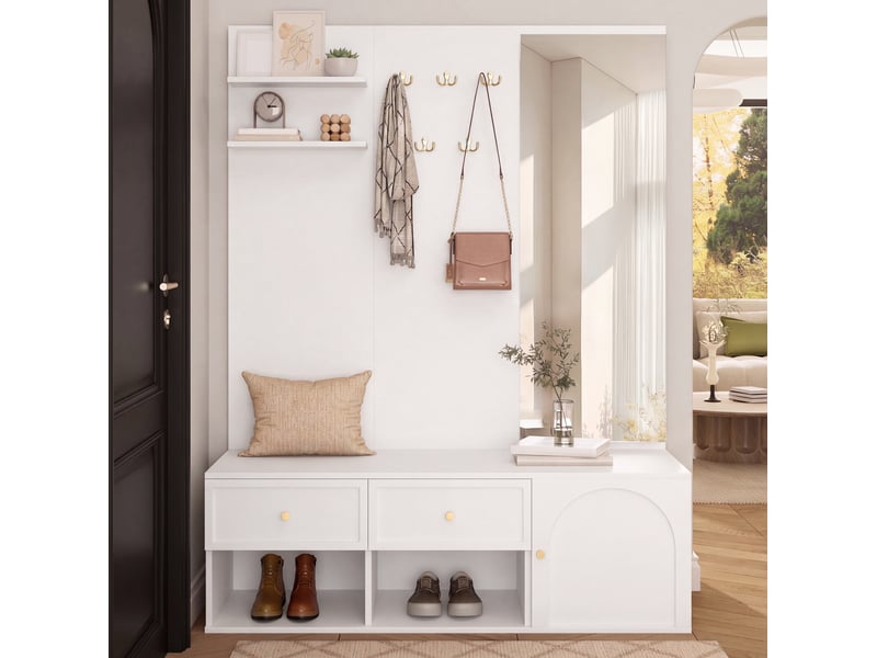  Meubles d'entrée avec miroir, 5 crochets, 2 tiroirs et rangement à chaussures pour couloir, blanc, 120 × 35 × 159 cm  - Conforama B