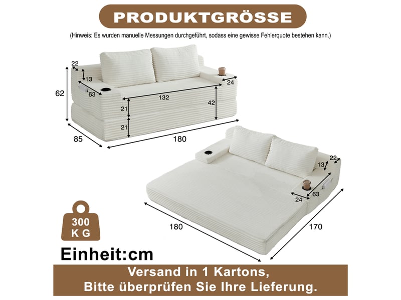 Canapé convertible, canapé-lit, pour salon, chambre, en velours tricoté, porte-gobelets, format adapté au salon, 2 en 1 - Conforama R