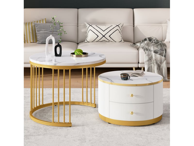  Tables basses gigognes rondes avec 2 tiroirs et finition effet marbre brillant, style moderne pour salon et séjour  - Conforama C