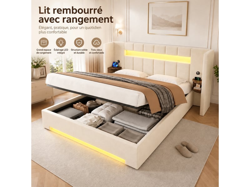  Lit coffre 160x200 en velours beige, ouverture hydraulique, tête de lit extra large, led et ports usb  - Conforama D