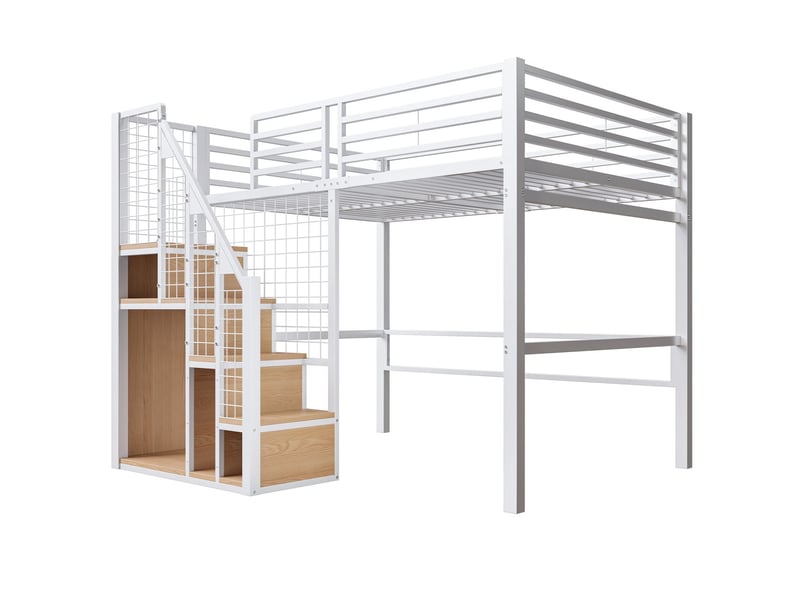  Lit mezzanine 140x200 cm métal blanc avec armoire - lit 2 places - échelle de sécurité gain de place idéal ados  - Conforama E