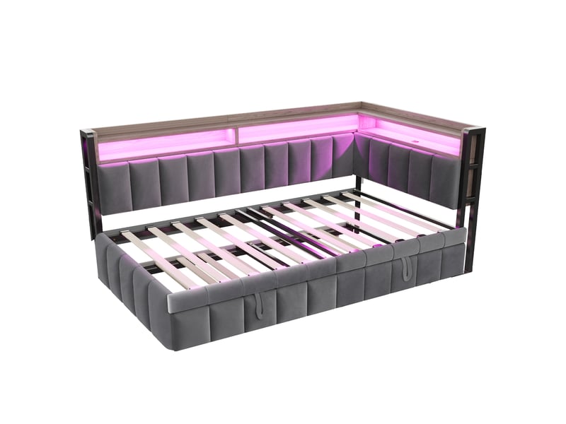 Banquette-lit gigogne 90x200 cm gris foncé velours, led, usb-c, rangements - Conforama E