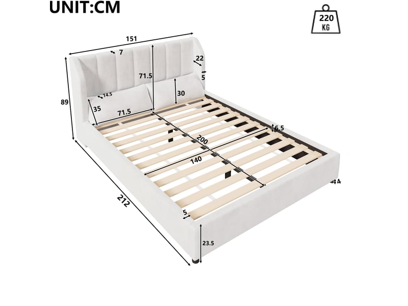  Lit double 140 × 200 cm avec tête de lit capitonnée, sommier à lattes et 2 coussins en velours beige pour chambre  - Conforama C