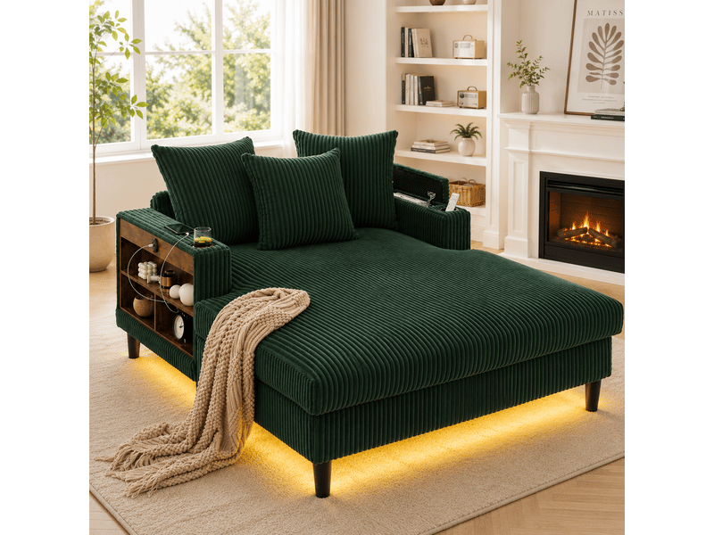  Canapé convertible en velours côtelé émeraude avec led et coffre, 129x170 cm, 1 place  - Conforama B