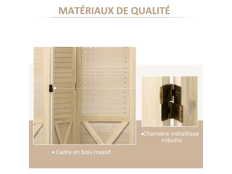  Paravent intérieur en bois 4 panneaux séparateur de pièce pliable panneau perforé bois naturel 152 x 1,7 x 144,5 cm  - Conforama E