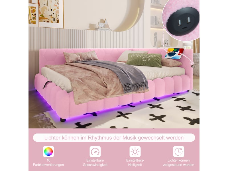 Lit banquette rose 90x200 cm avec led, rangement hydraulique, usb et type-c  - Conforama B