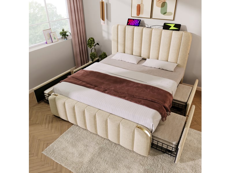  Lit 2 places 160x200 cm – beige – tête de lit usb-c et 4 tiroirs de rangement, confort et gain de place  - Conforama D
