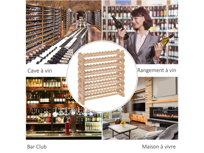  Casier à bouteilles pour 96 bouteilles, étagère à vin avec 8 niveaux modulable, 114×28×113,5cm, bois naturel  - Conforama W