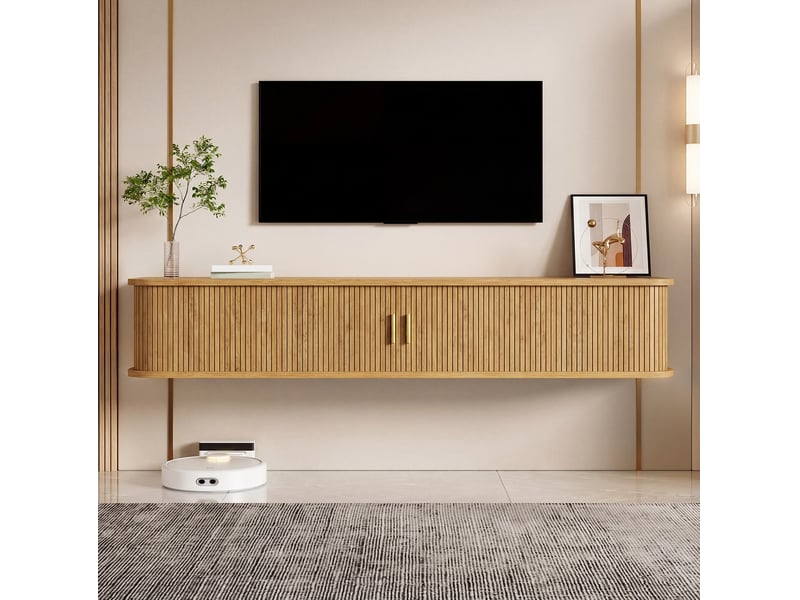  Meuble tv mural 175x30x30 cm avec led, mdf, coloris naturel  - Conforama B